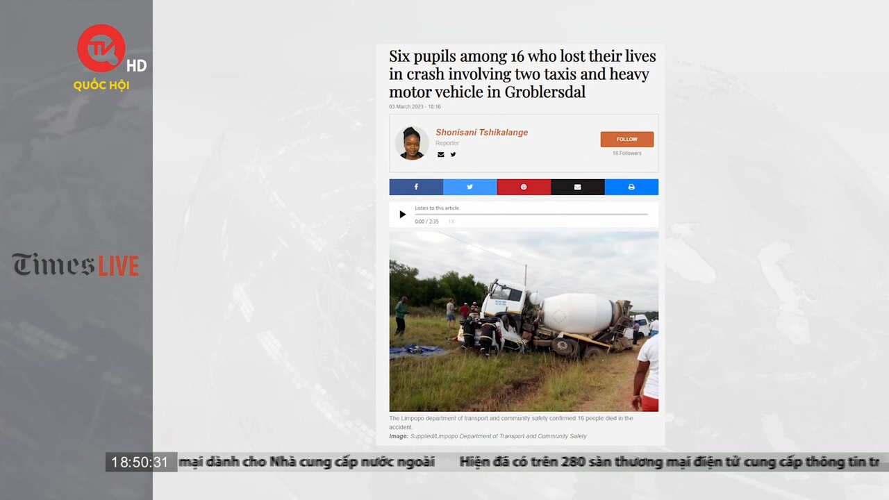 Nam Phi: Ít nhất 16 người thiệt mạng sau vụ va chạm giữa xe bus và xe tải