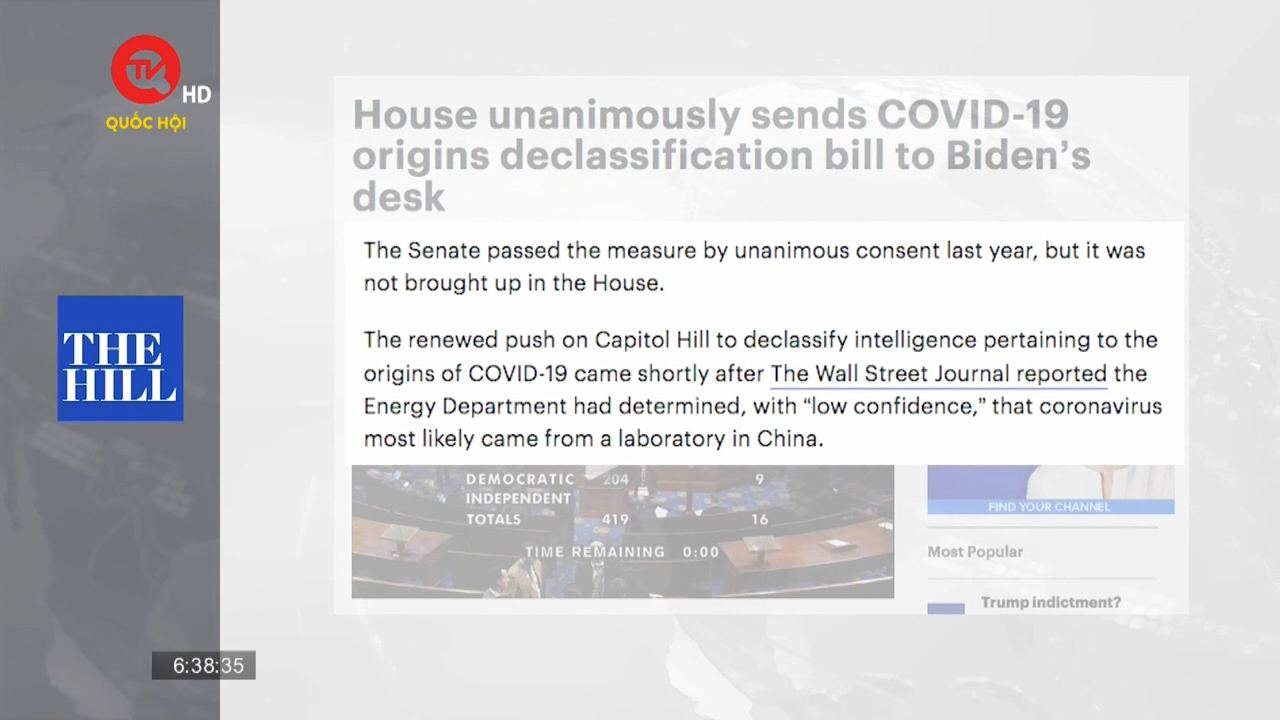 Hạ viện Mỹ ủng hộ giải mật thông tin nguồn gốc Covid-19