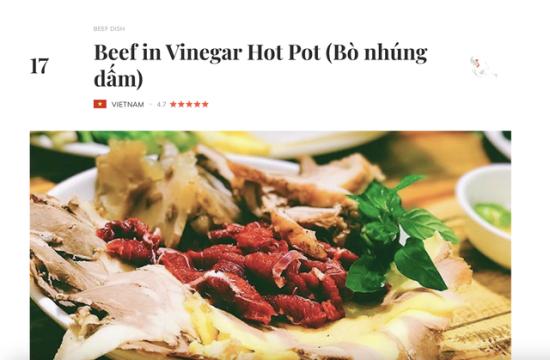 Bò kho, bò nhúng dấm của Việt Nam lọt top "Những món ăn về thịt ngon nhất thế giới"