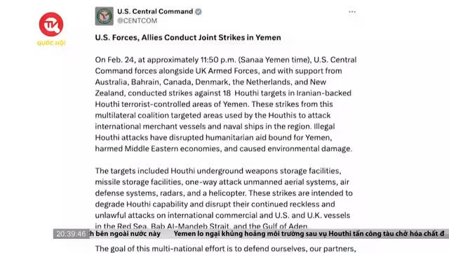 Mỹ-Anh lần thứ 4 không kích các mục tiêu của Houthi 