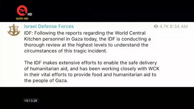 Israel điều tra vụ không kích khiến nhân viên cứu trợ quốc tế thiệt mạng