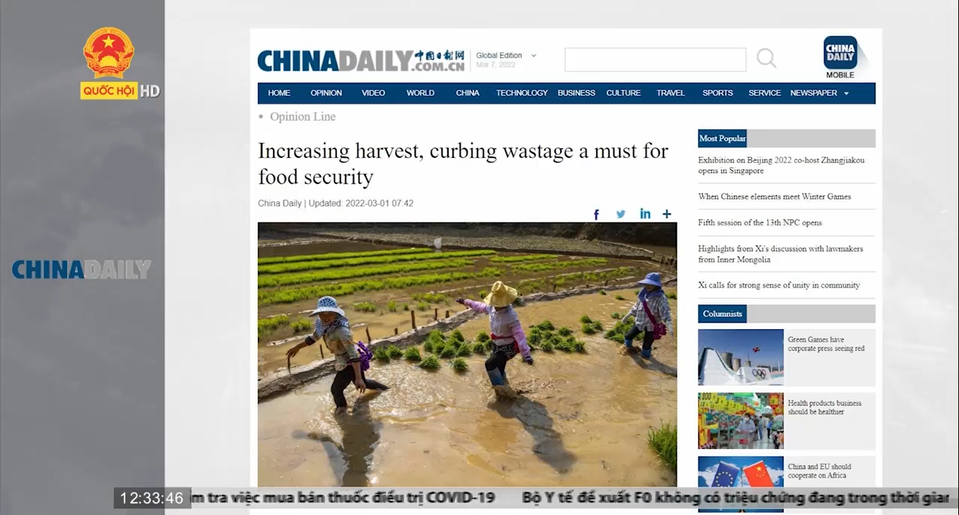 Điểm báo quốc tế trưa 7/3: 5 mối quan tâm lớn về an ninh lương thực của Trung Quốc