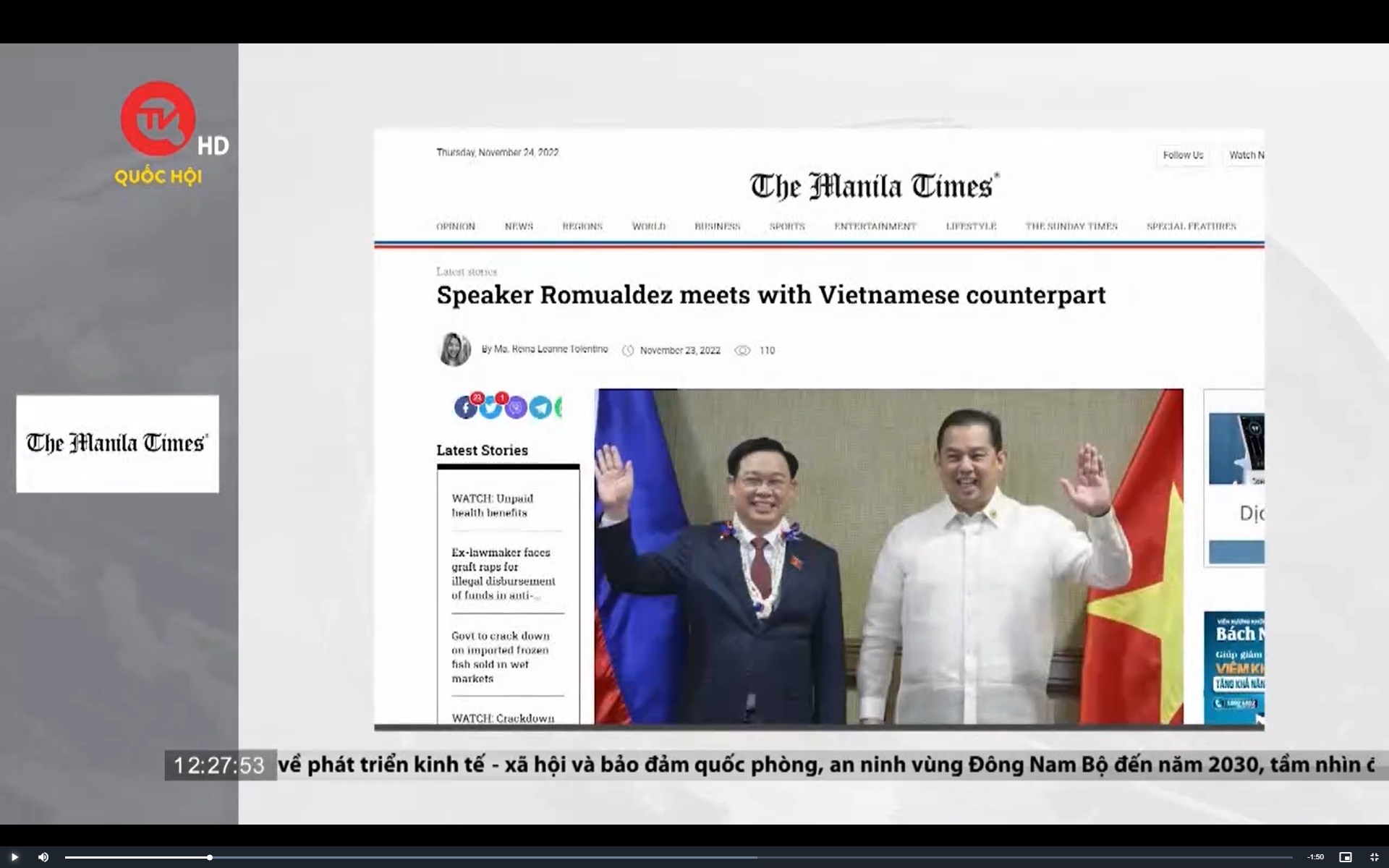 Báo chí Phillippines đưa đậm nét về chuyến thăm của Chủ tịch Quốc hội Vương Đình Huệ