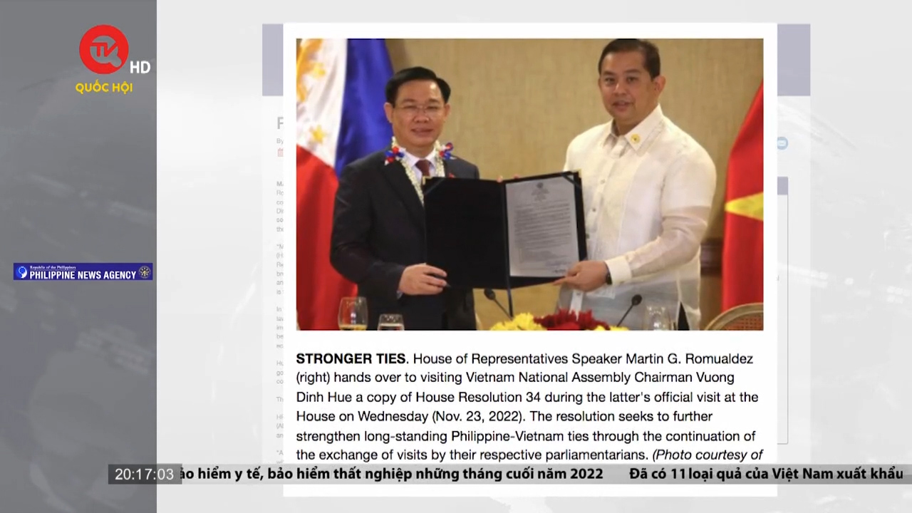Báo Philippines đưa tin đậm nét về chuyến thăm của Chủ tịch Quốc hội Vương Đình Huệ