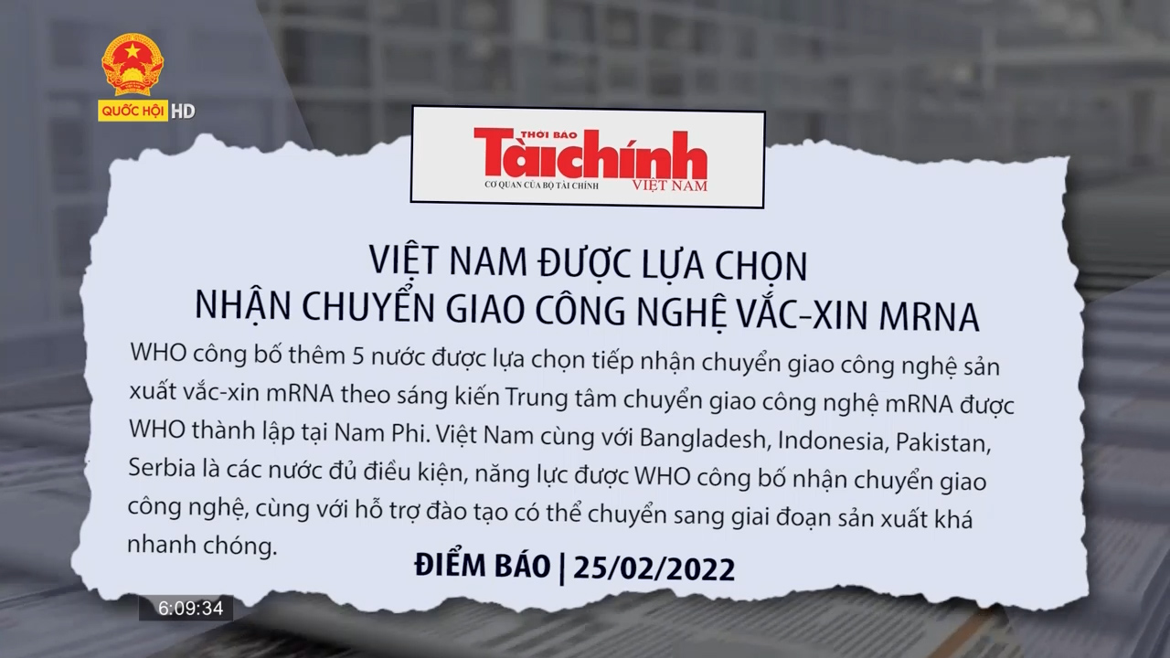 Điểm báo 25/02/2022: Việt Nam sẽ tiếp nhận công nghệ sản xuất vắc-xin mRNA