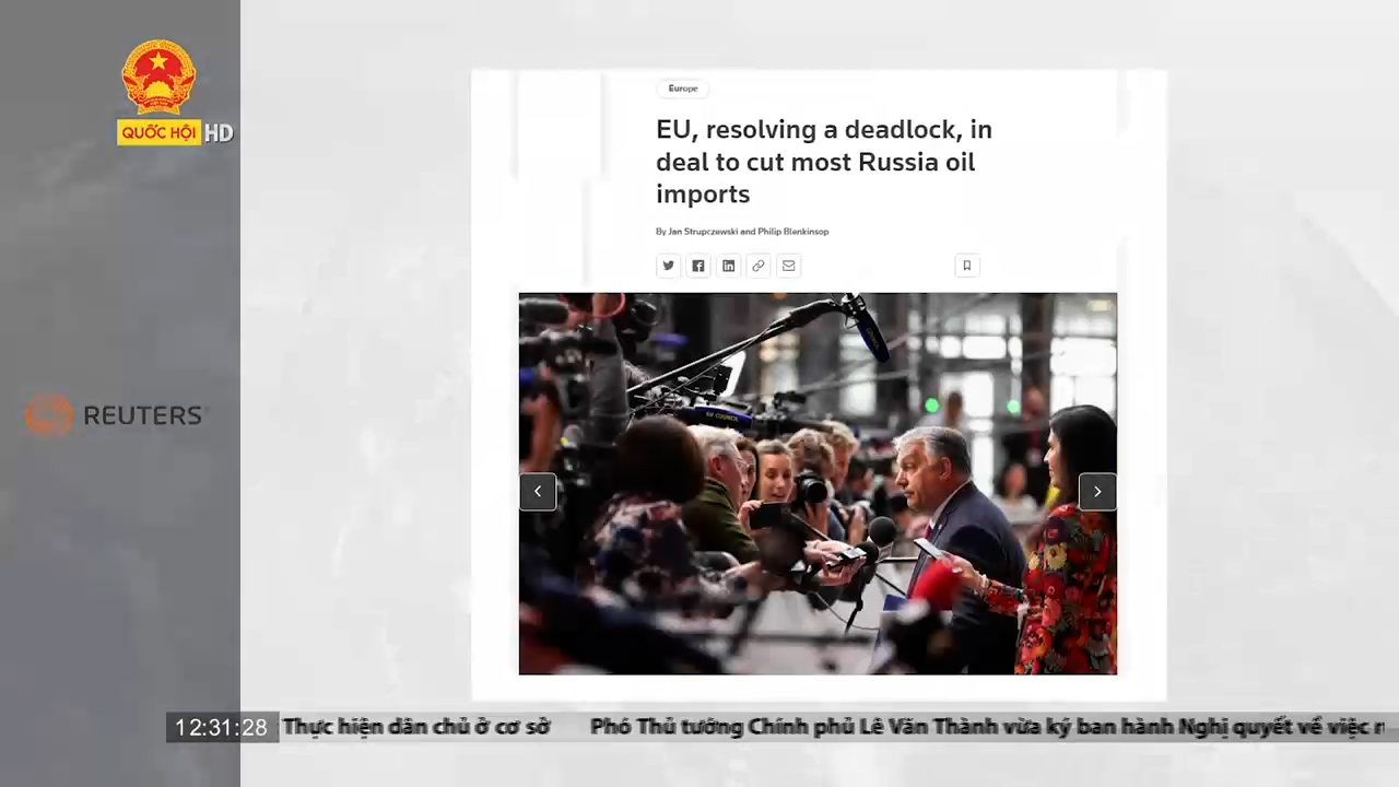 Cụm tin quốc tế ngày 31/5: EU đạt được đồng thuận trong cấm vận dầu mỏ Nga