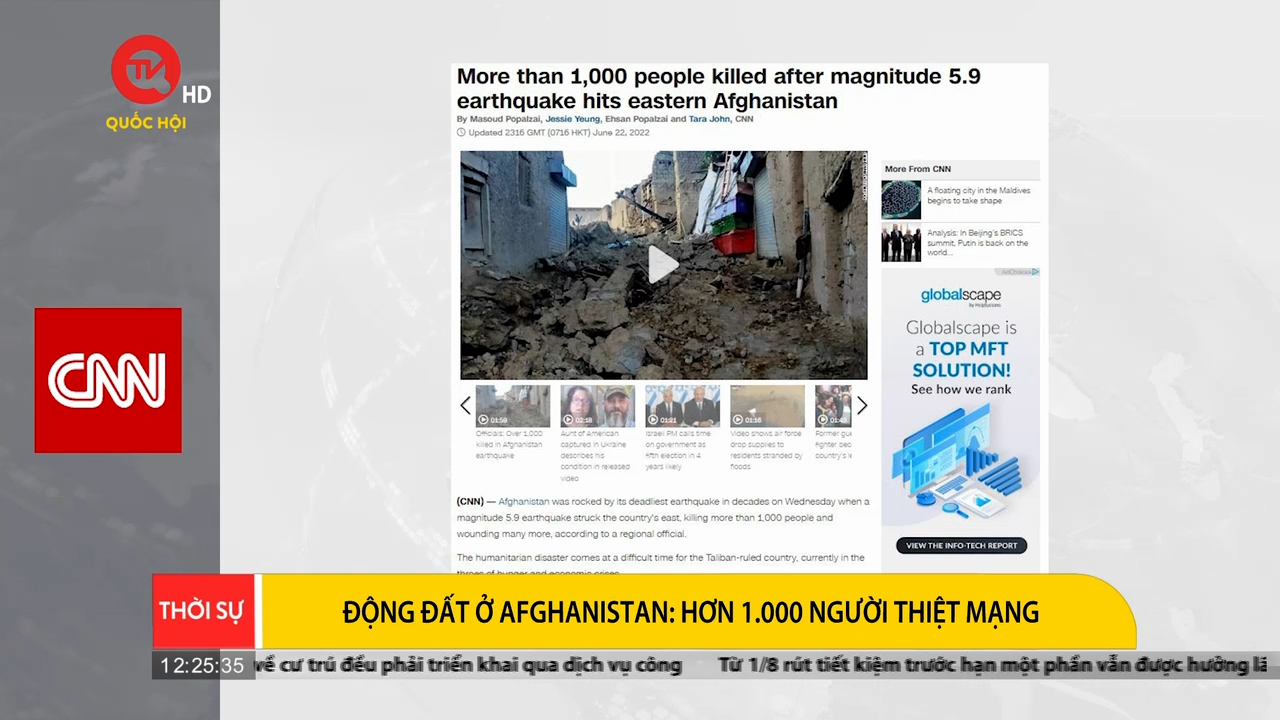 Điểm báo quốc tế 23/6: Động đất ở Afghanistan: Hơn 1.000 người thiệt mạng
