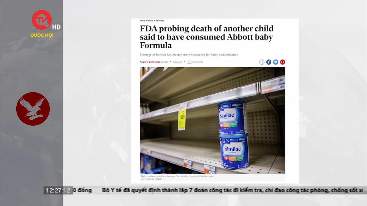 Điểm báo quốc tế 24/6: Mỹ: Trẻ sơ sinh tử vong do uống sữa công thức