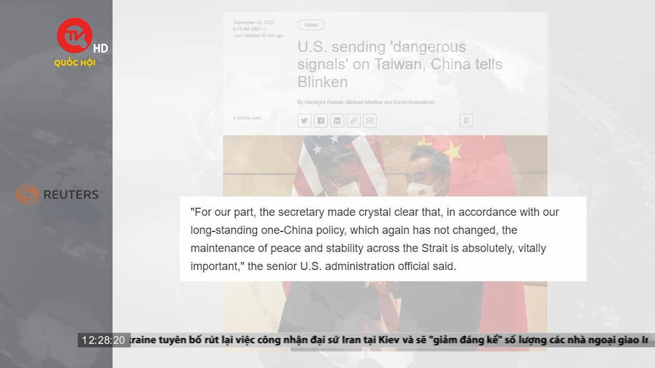Điểm báo quốc tế 24/09: Mỹ và Trung Quốc nỗ lực giải tỏa căng thẳng Đài Loan