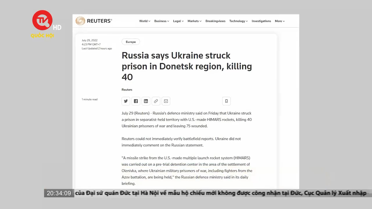 Cụm tin quốc tế tối 29/7: Nga nói Ukraine pháo kích khiến 40 tù binh thiệt mạng