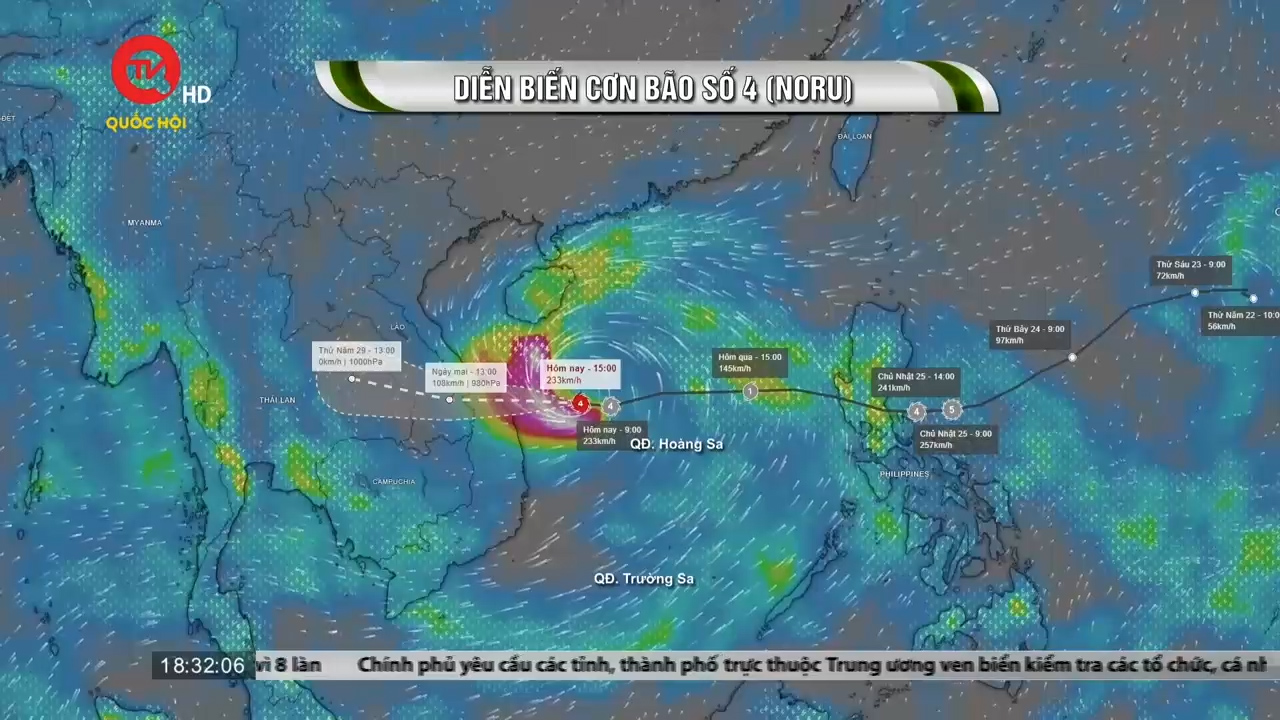 Tin bão khẩn cấp cơn bão số 4 (bão Noru): Tâm bão cách đất liền 210km, sức gió mạnh cấp 14