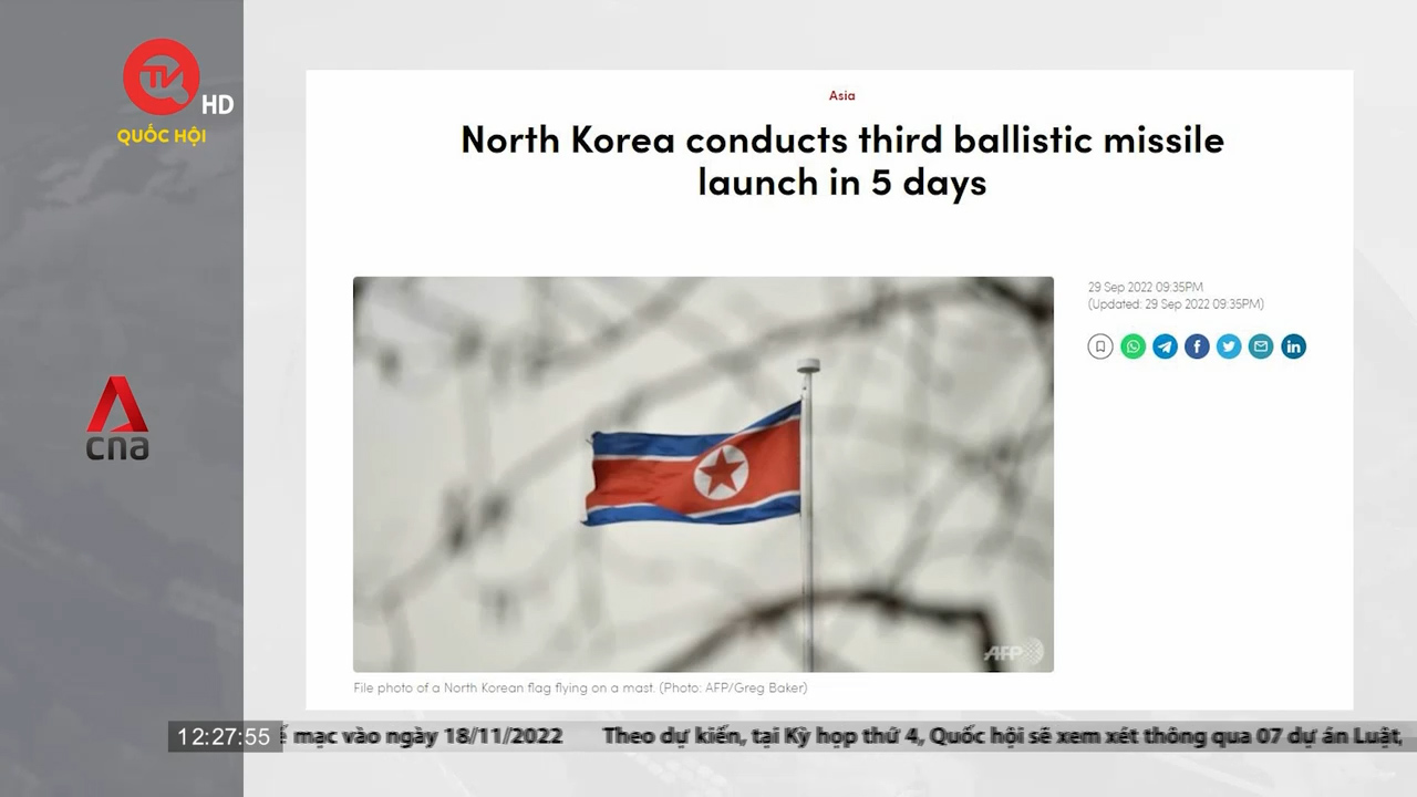 Điểm báo quốc tế 30/9: Triều Tiên tiếp tục phóng tên lửa đạn đạo